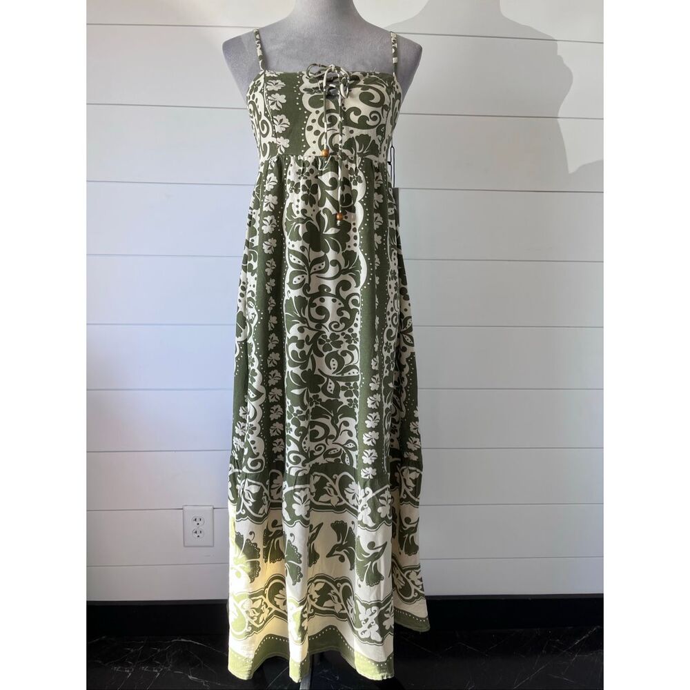 Japna Linen blend Green and White Summer Dress Adjustable Straps Sz Small
